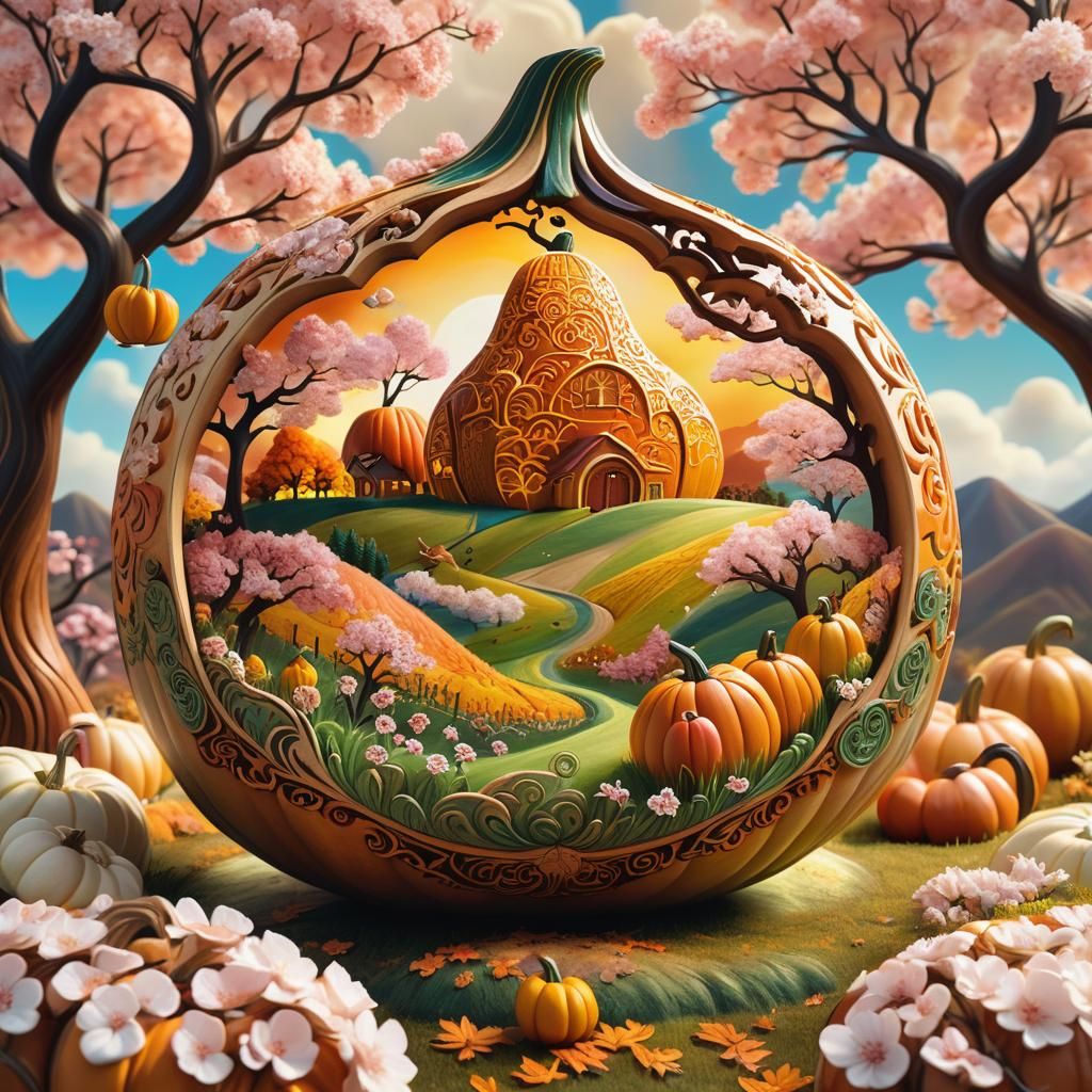 Thanksgiving Scene Carved in Gourd, Fantasy Landscape