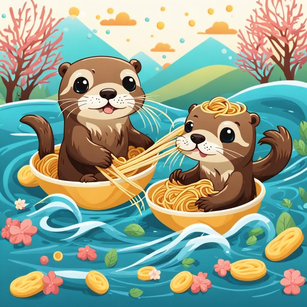 Cute Otters Play in Noodle River: Kawaii Illustration