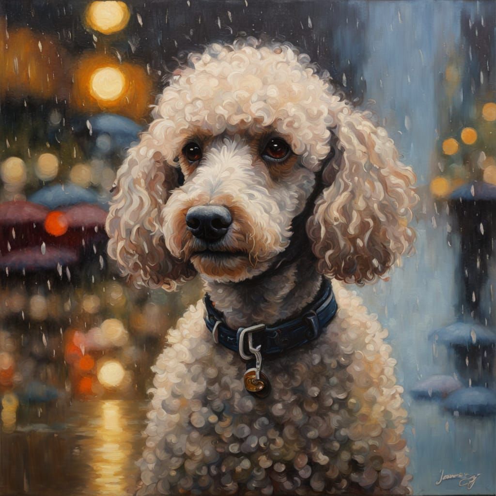 Poodle in Rain: Impressionist Oil Painting