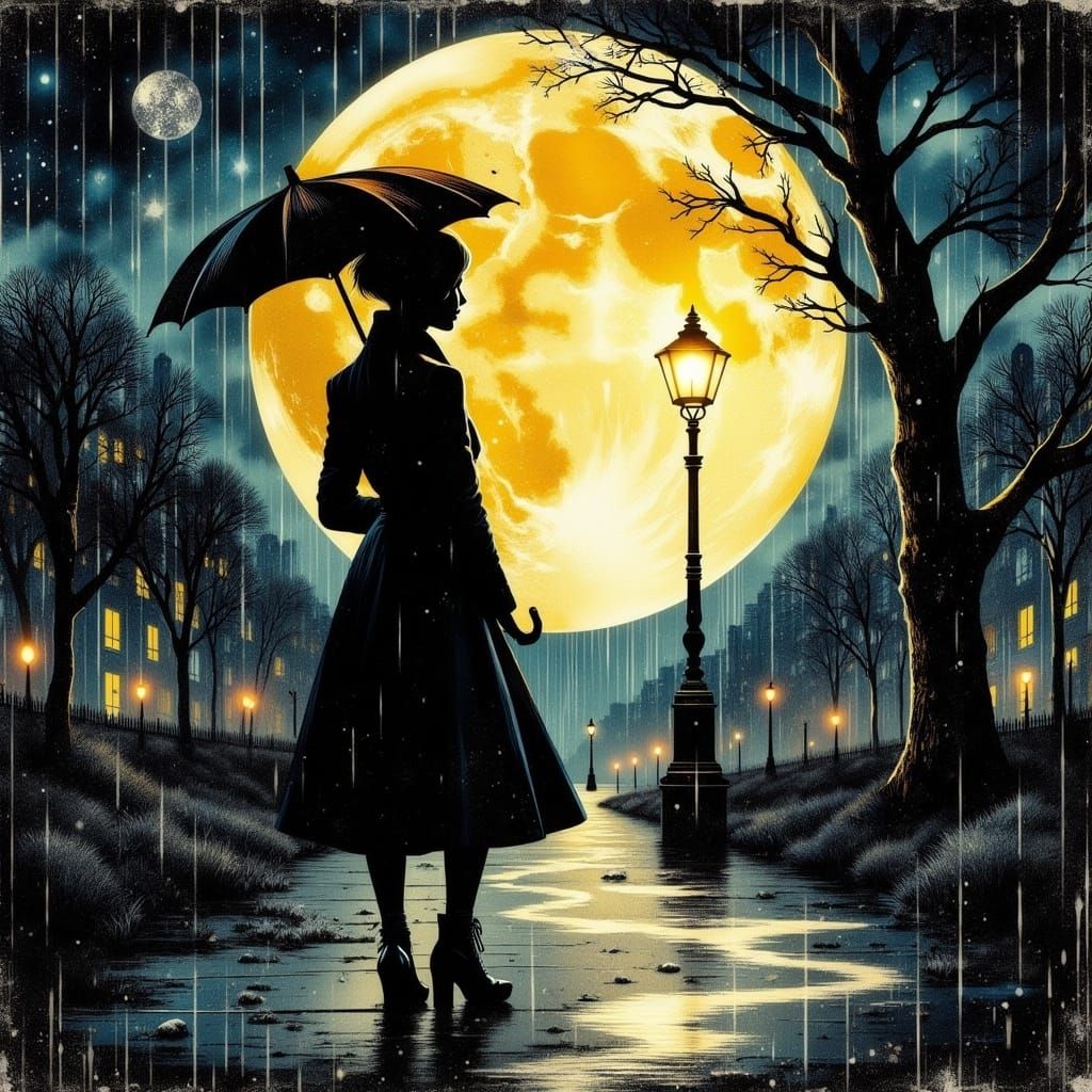 Moonlit Rainy Night Scene with Mysterious Woman