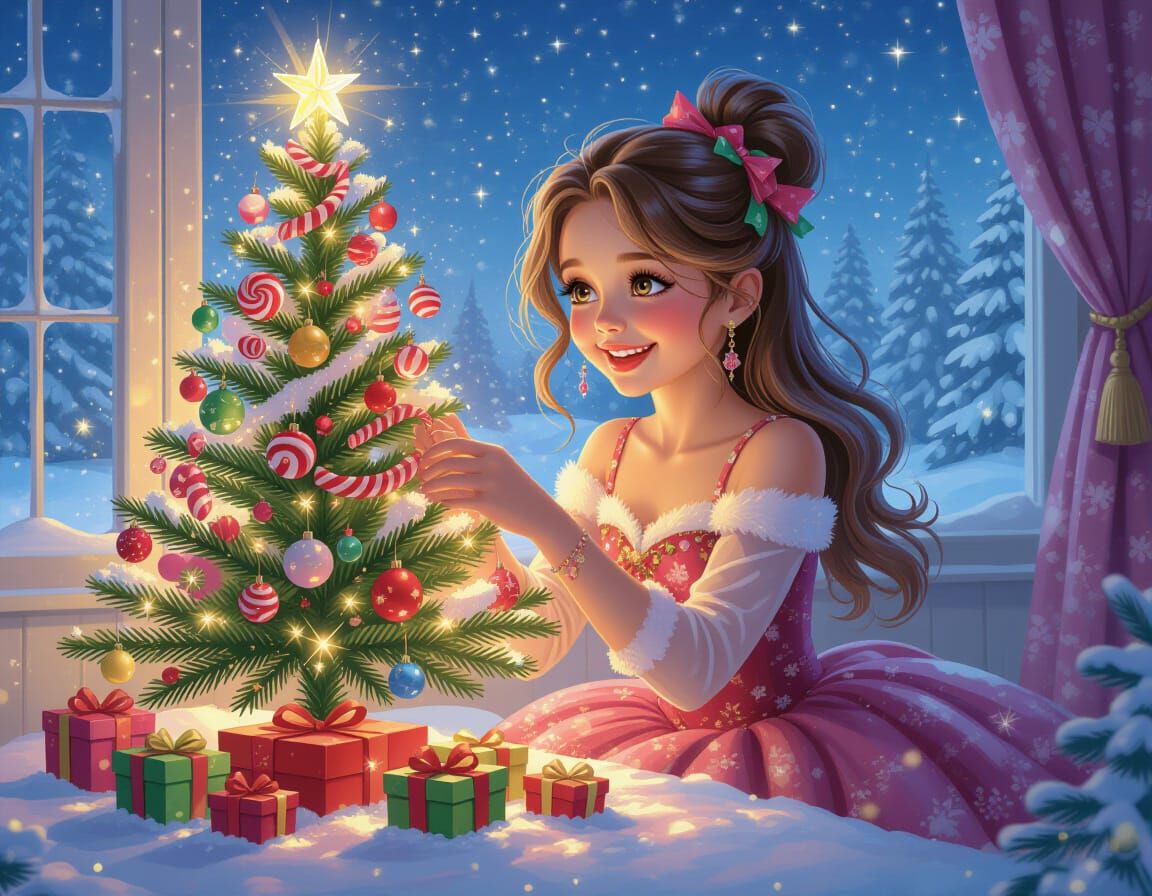 Whimsical Girl Decorating Candy Art Christmas Tree