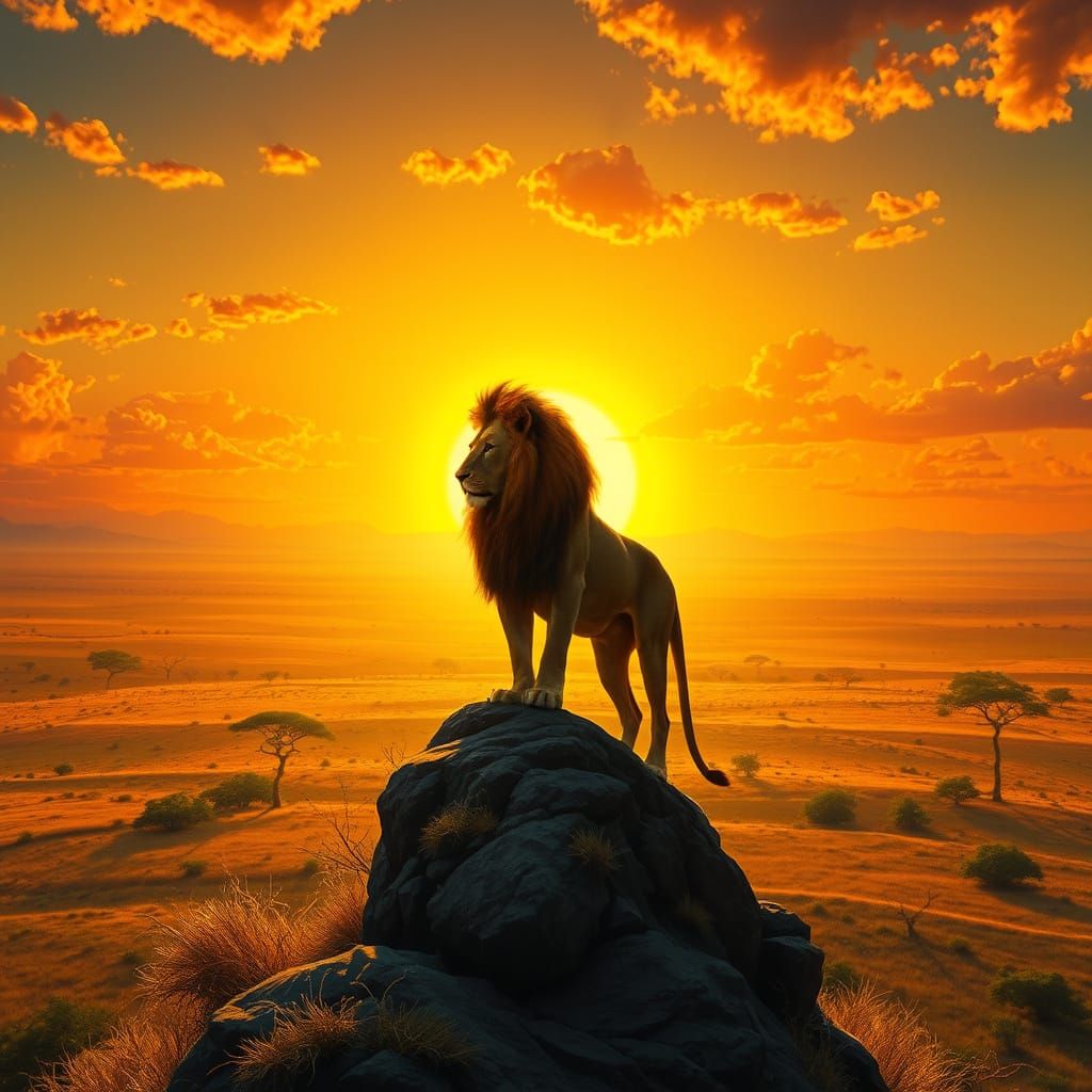 Surreal Lion Reigns Supreme Over a Golden African Sunset