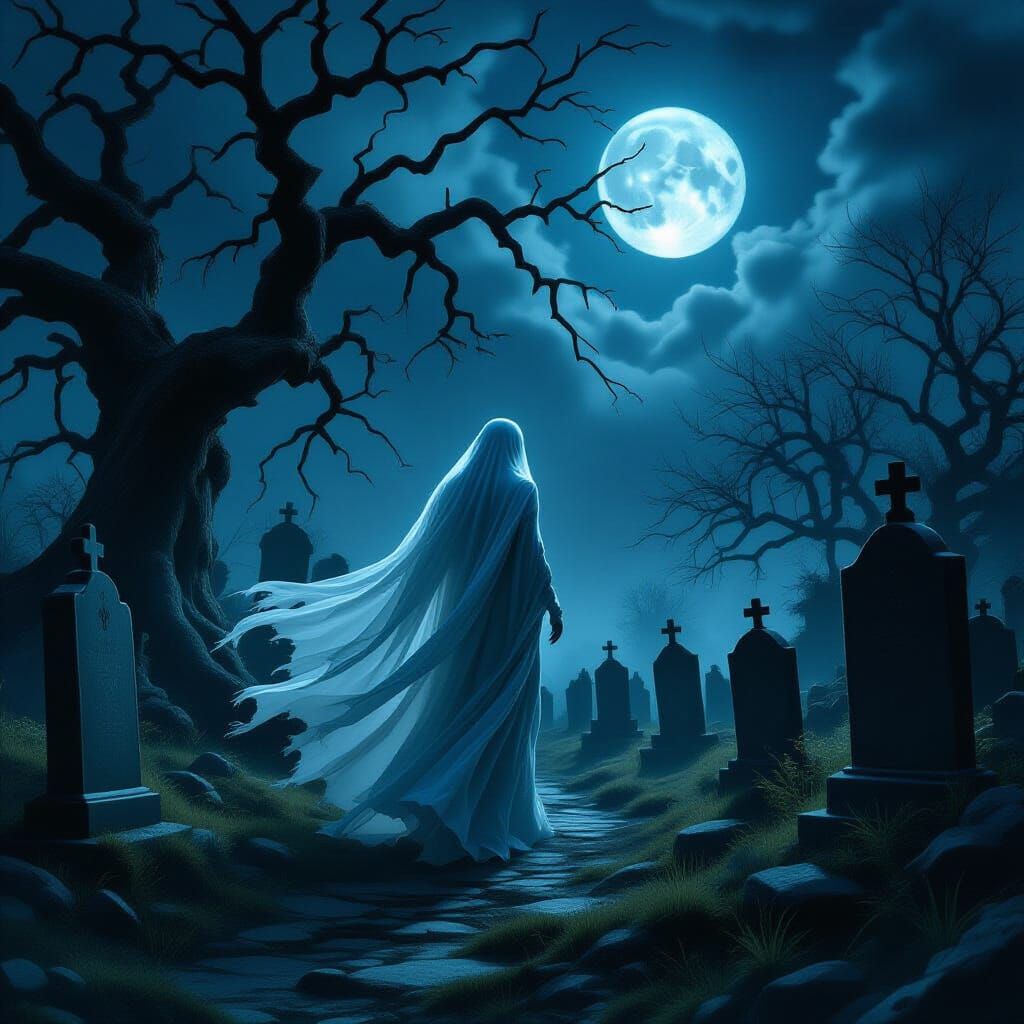 Ethereal Ghost Woman in Moonlit Graveyard