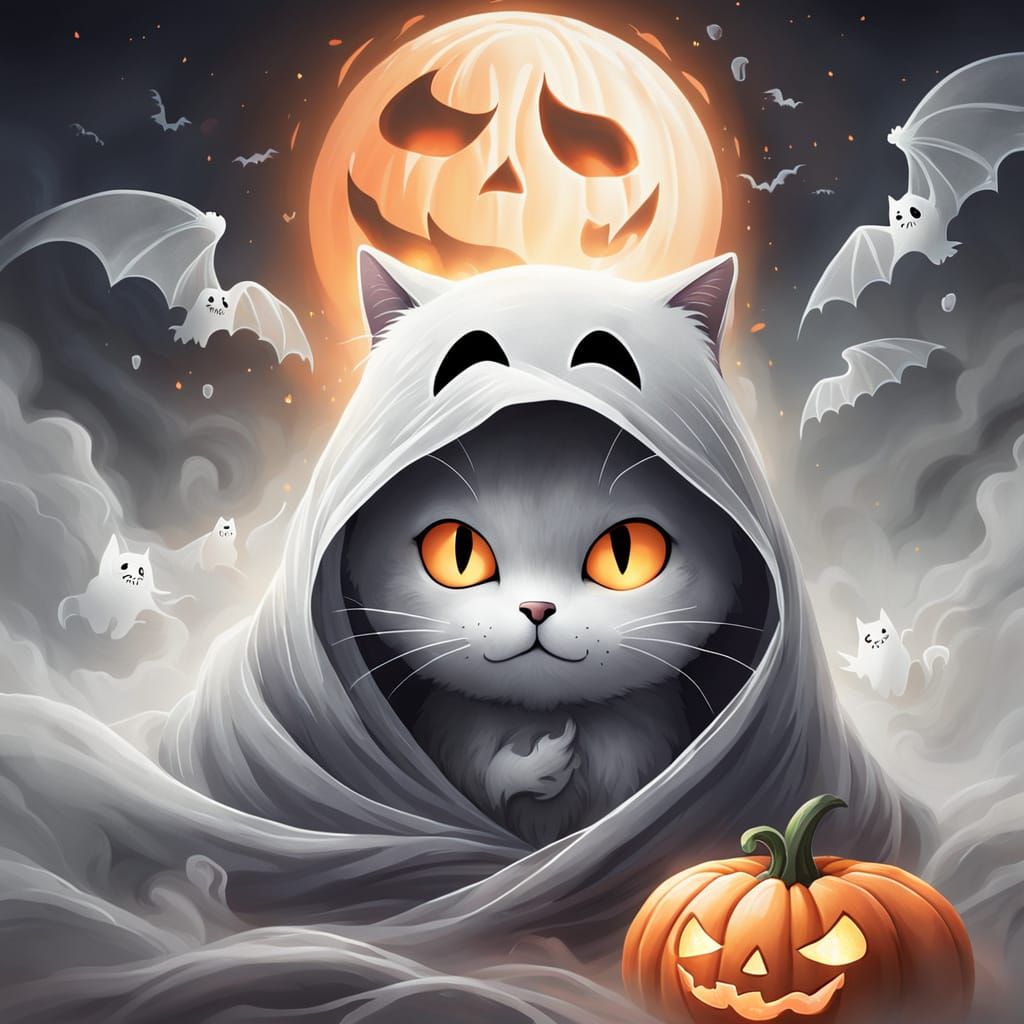 Halloween Ghost Cat Digital Art Illustration