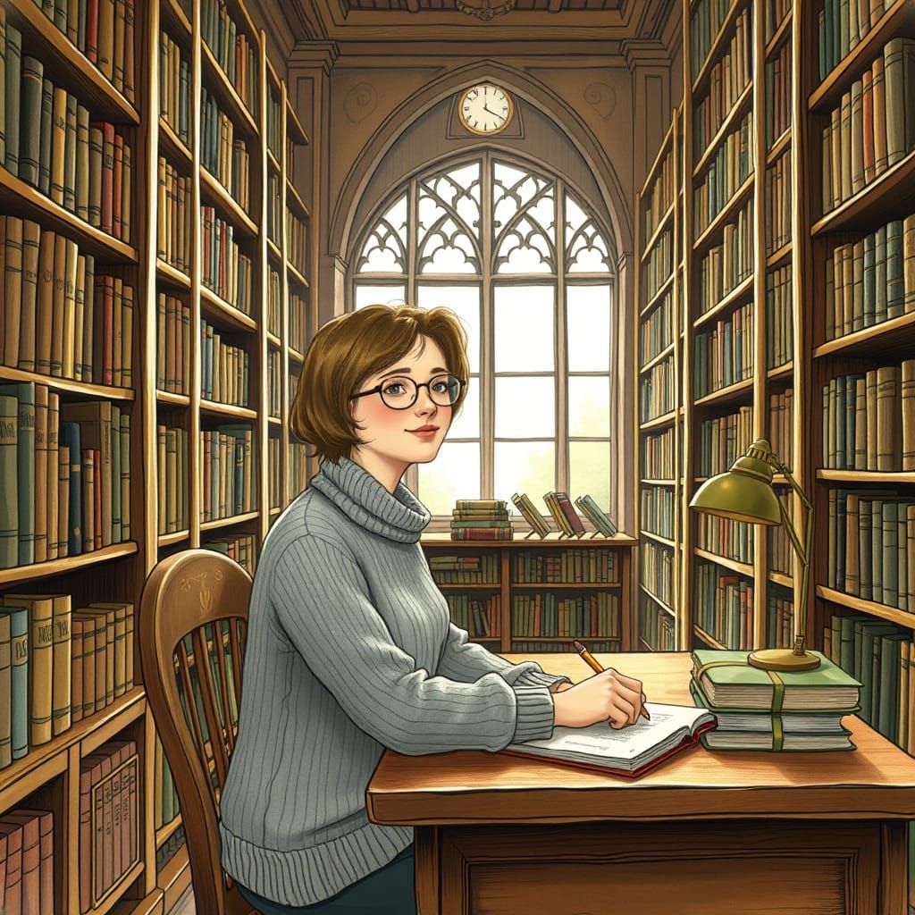 Cozy Library Scene in Beatrix Potter Style
