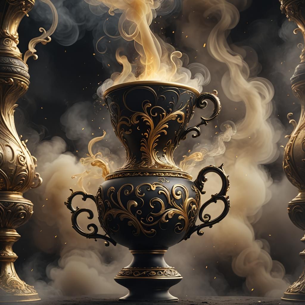 Mystical Black and Gold Cup with Swirling Smoke