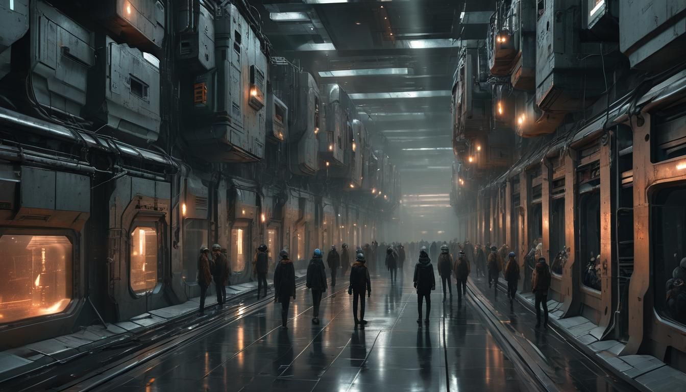 Dystopian Sci-Fi Corridor with Holographic Projections