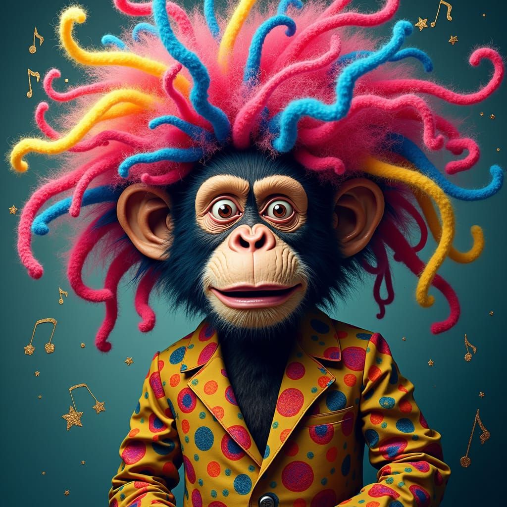 Cartoon Monkey with Afro and Surreal Background