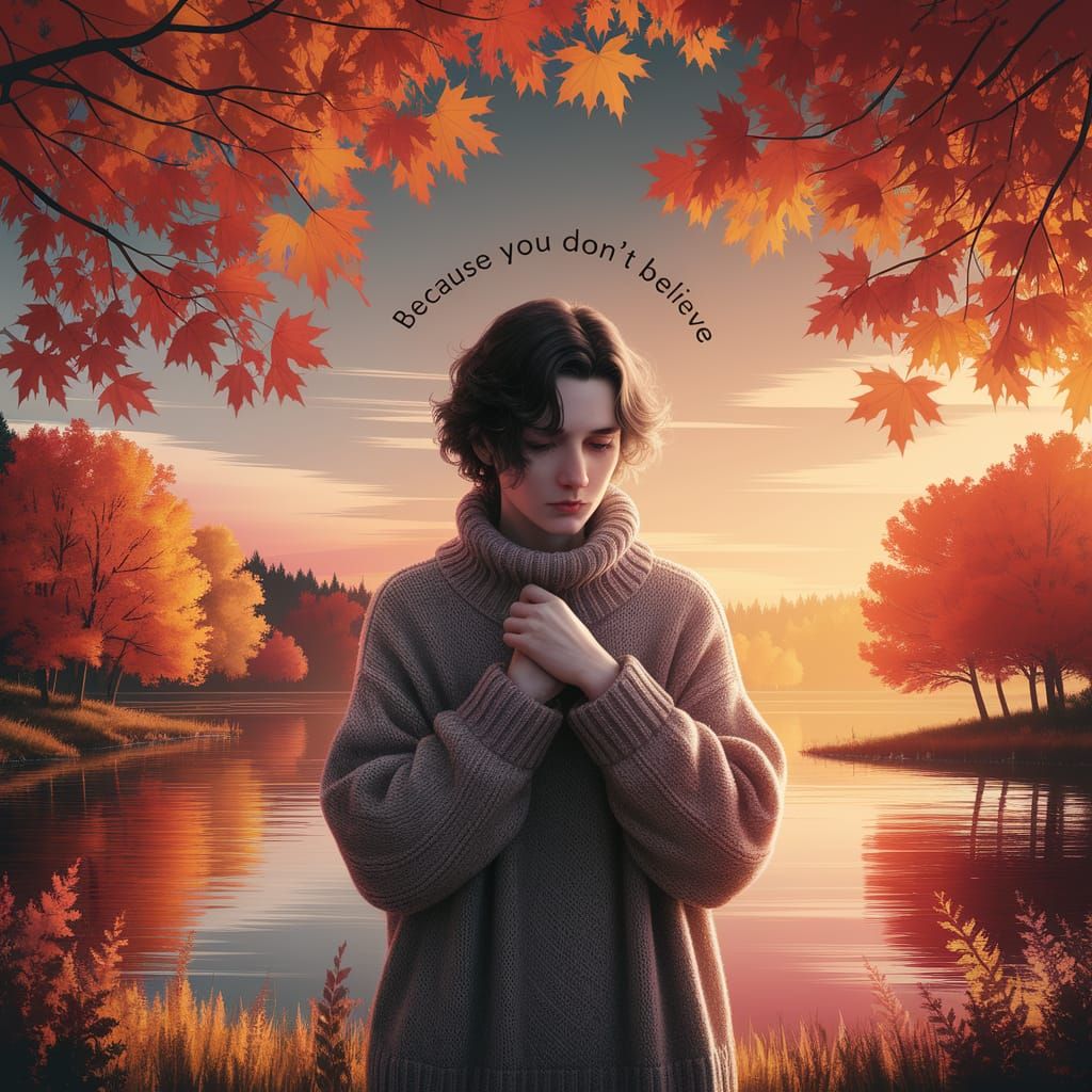 Melancholic Figure in Autumn Landscape with Warm Sunlight