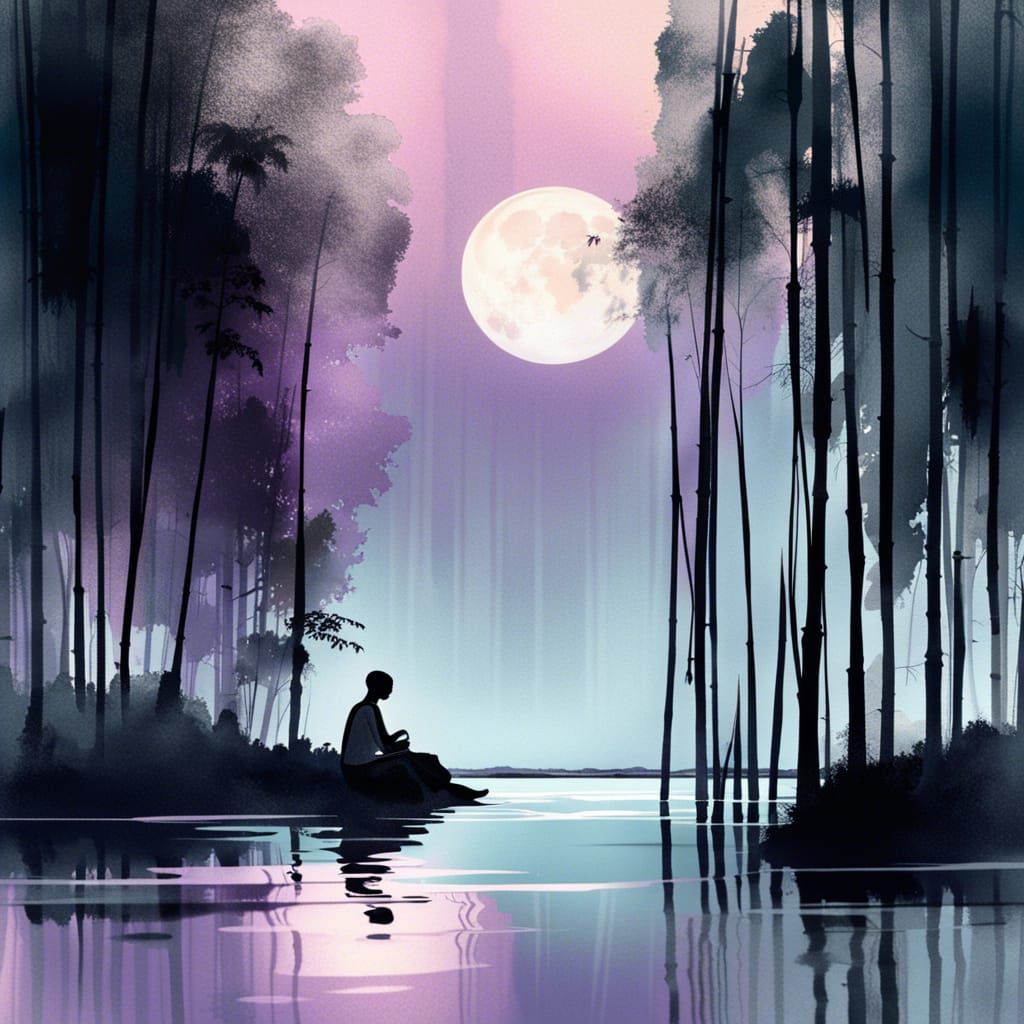 Ethereal Lake Meditation in Minimalist Watercolours