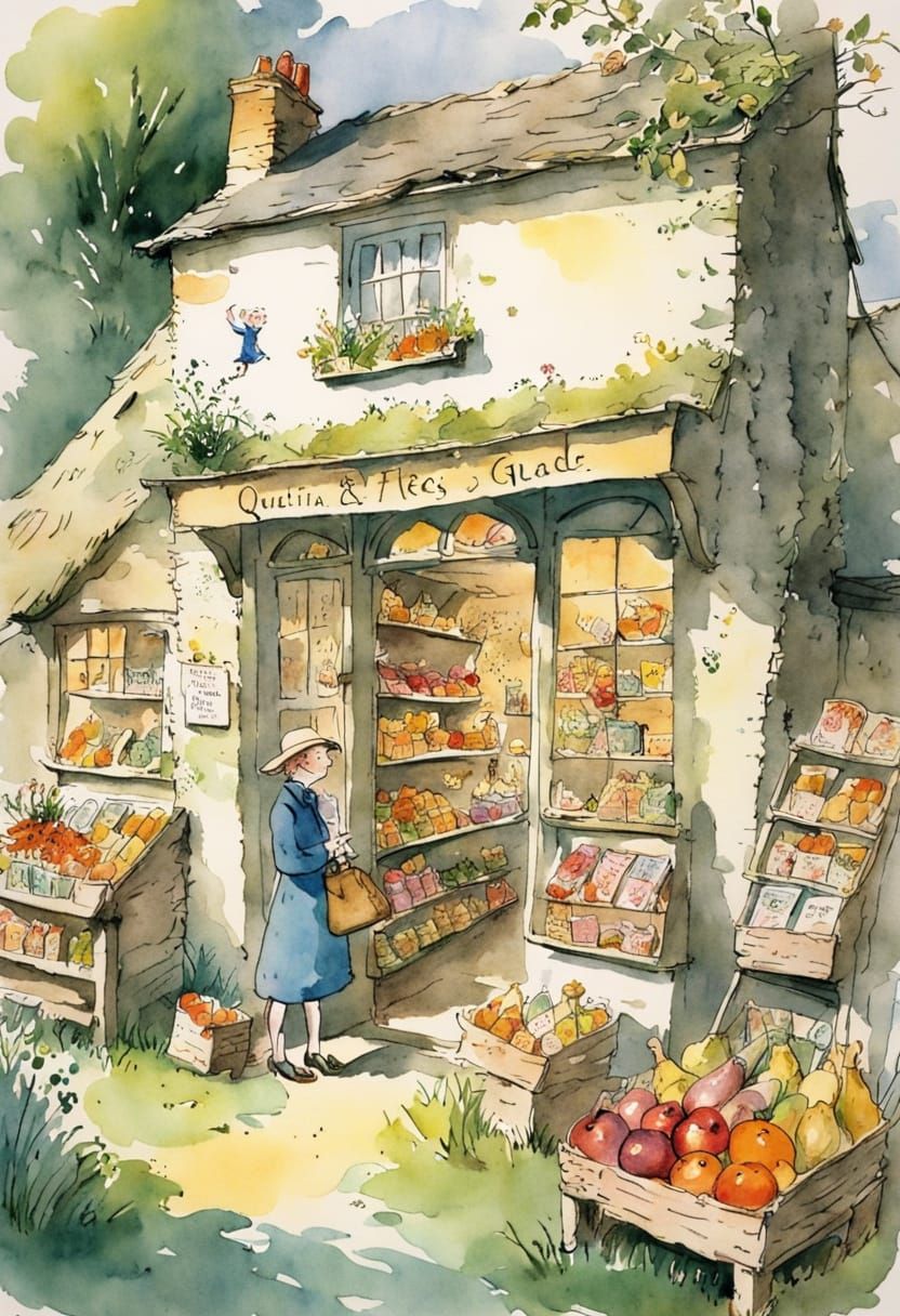 Charming Village Grocery Shop in Watercolour Style