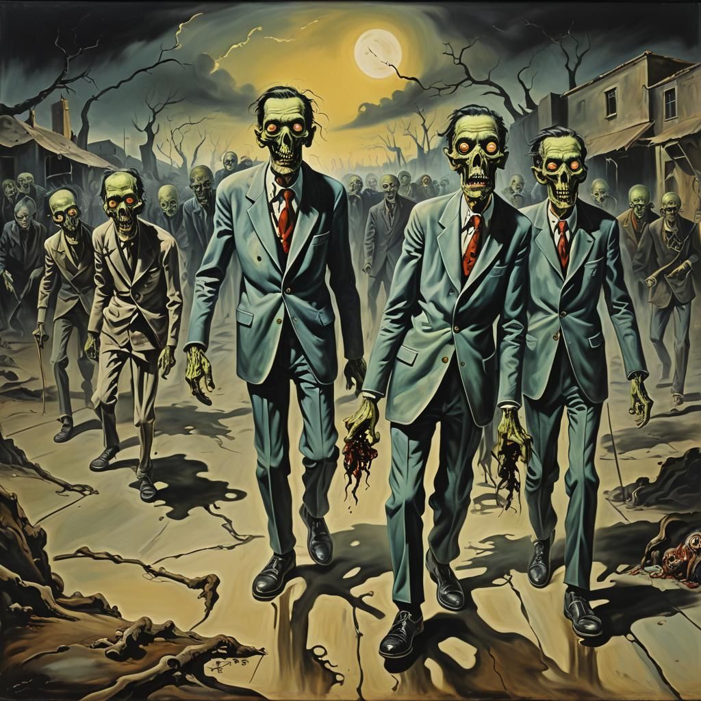 Surreal Zombies Approaching in the Dark, Oil Painting