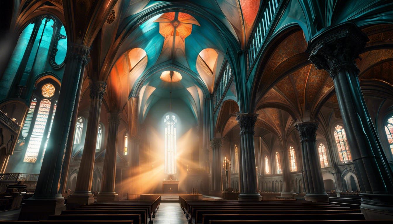 Gothic Basilica with Art Deco and Surreal Elements