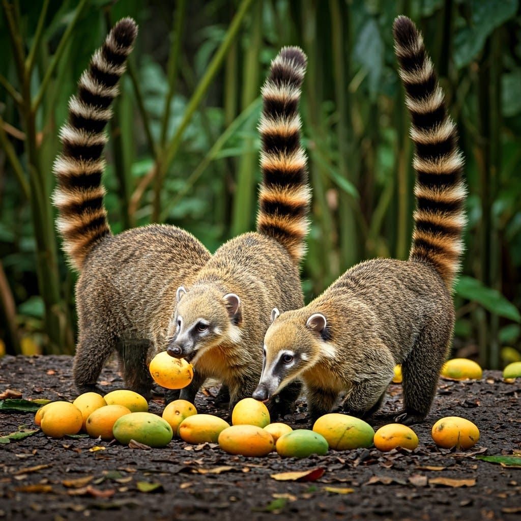 Coatimundis Feast on Mangoes in Belize, Hyperrealism