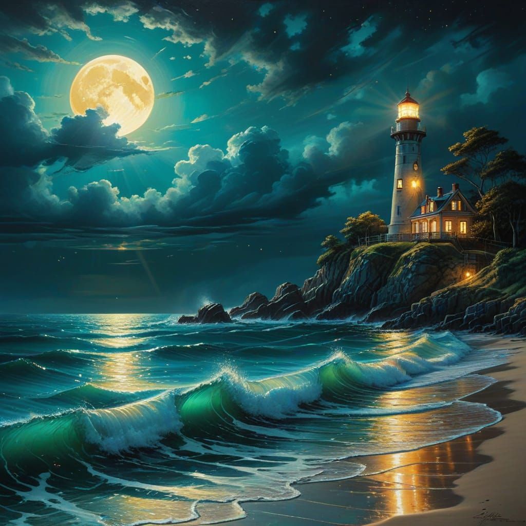Victorian Lighthouse Under Golden Moon