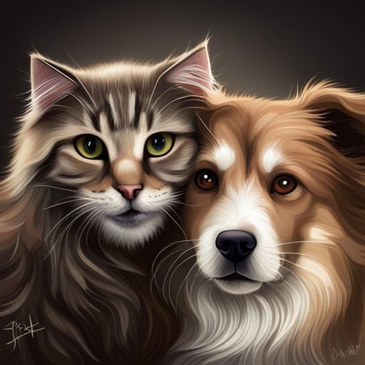 Dog and Cat Hugging: Hyperrealistic Digital Painting