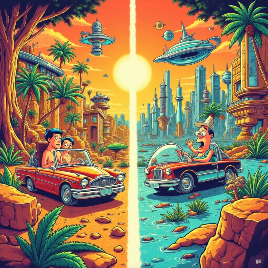 Flintstones Meet Jetsons Cartoon Split-Screen Art