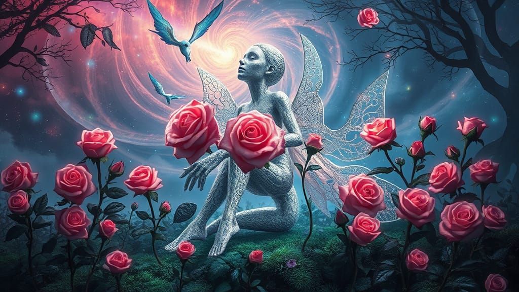 Ethereal Filigree Figure Surrounded by Roses in Bio-Art