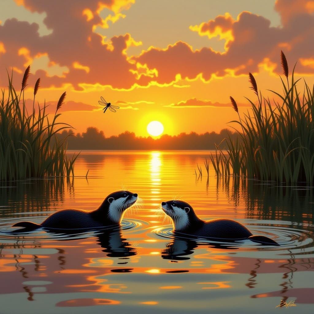 Playful Otters at Sunrise Lake Digital Painting