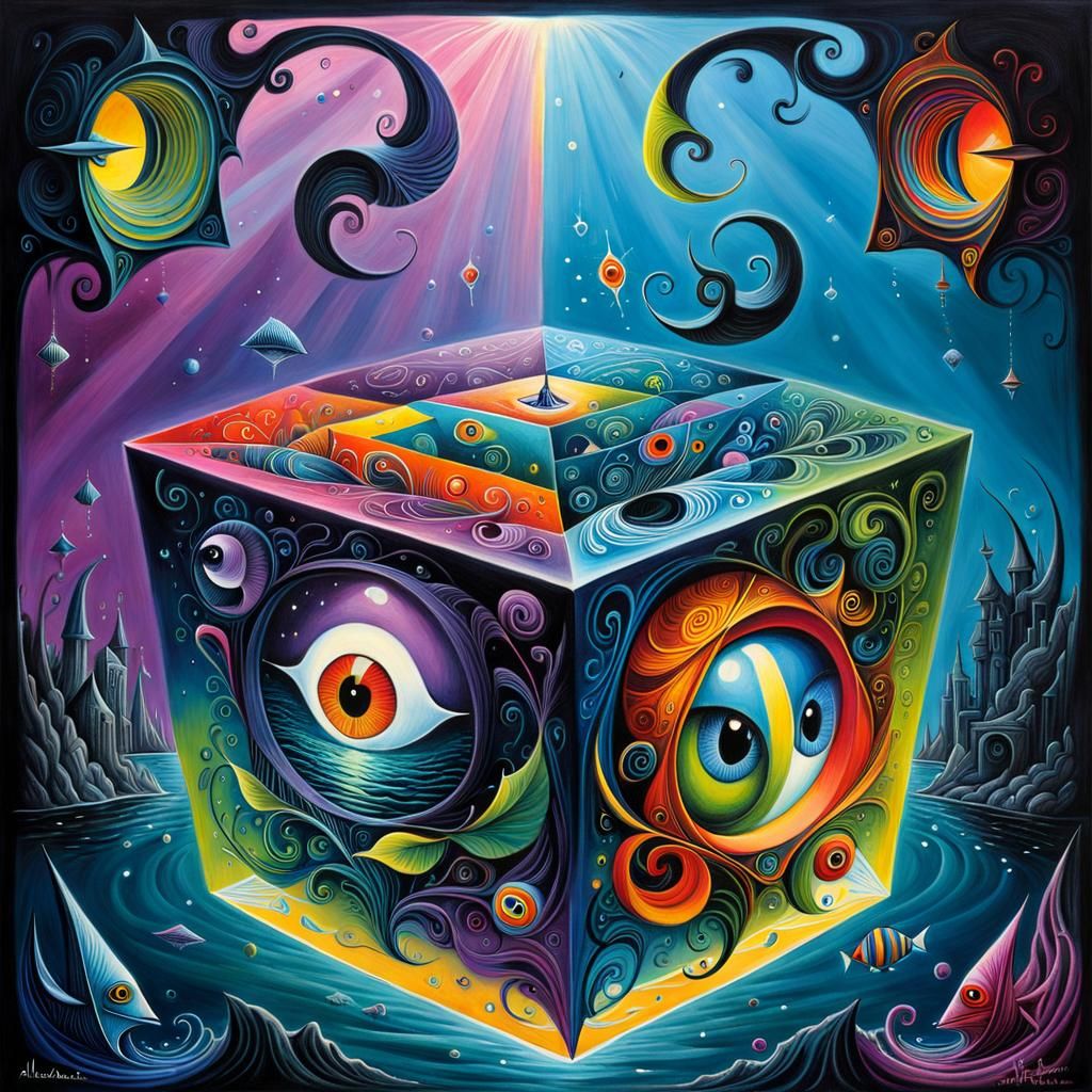 Surreal Cubism Scene Inside Floating Cube