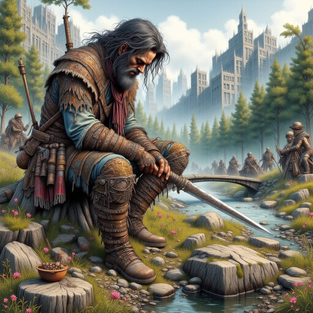 Exhausted Warrior Battles Brigands in Dark Fantasy Landscape