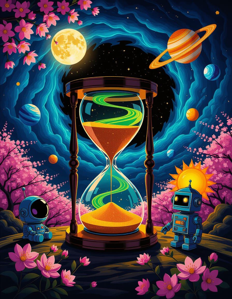 an illustration neon green and neon Orange brighte the hourglass of time and space,...