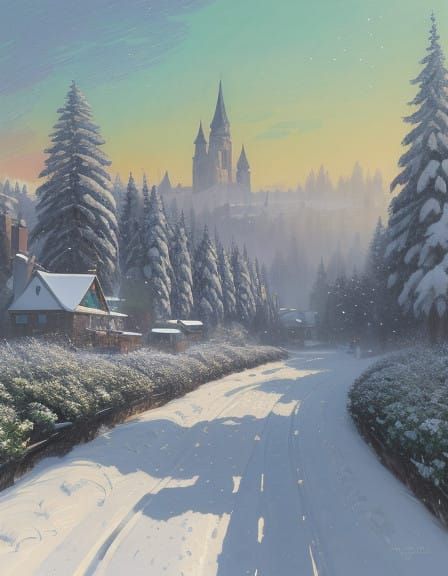 Whimsical Winter Village in a Vibrant, Emerald-Hued Landscap...