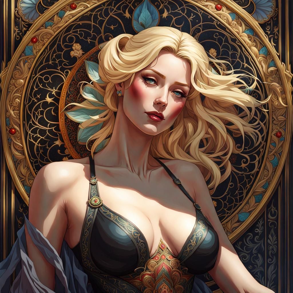 Blonde Woman Sunbathing: Gothic Art Nouveau Portrait