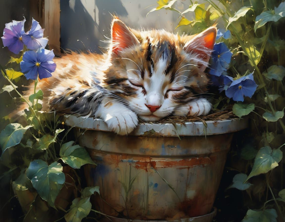 Whimsical Watercolor Portrait of a Little Red Tabby Kitten i...