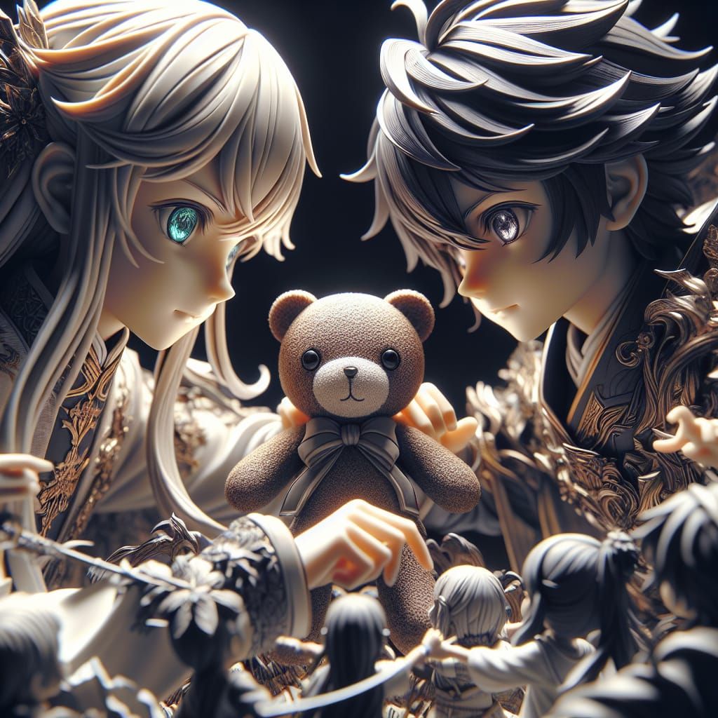Anime Girls' Playful Struggle Over Teddy Bear