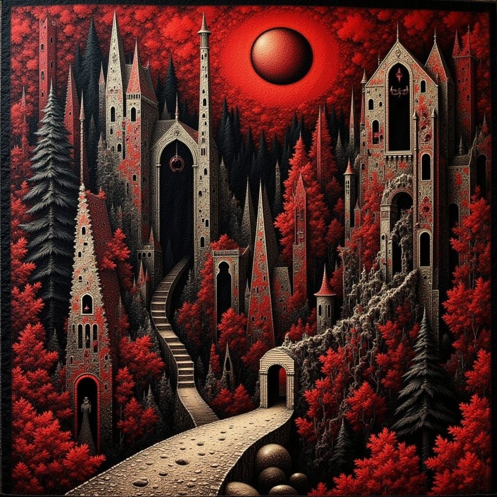 Surreal Escher Landscape in Ancient Tapestry Style