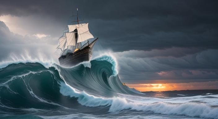 Lighthouse and Ship Amidst Stormy Seas
