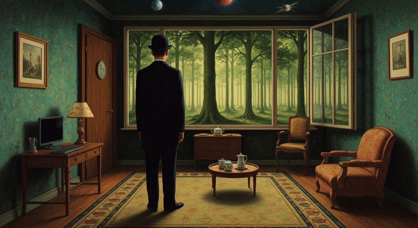 Man Views Cosmic Living Room and Surreal Belgian Forest