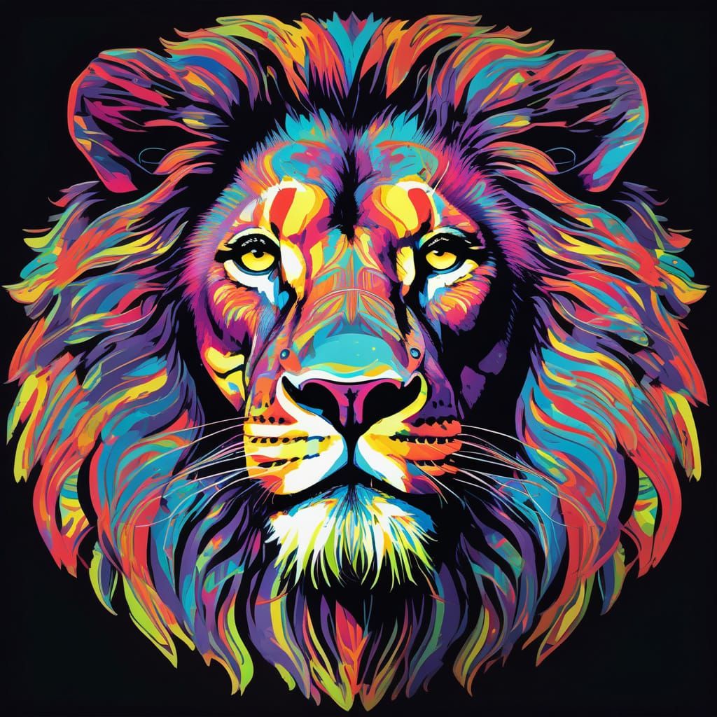 Regal Neon Lion Portrait in Pop Art Style