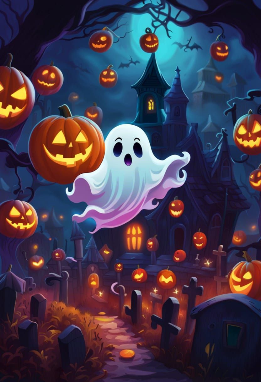Adorable Spooky Ghost in Graveyard Digital Illustration