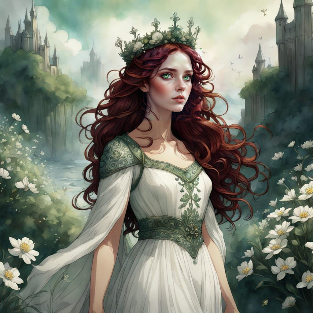 Ethereal Watercolor Queen Surrounded by Floral Crown