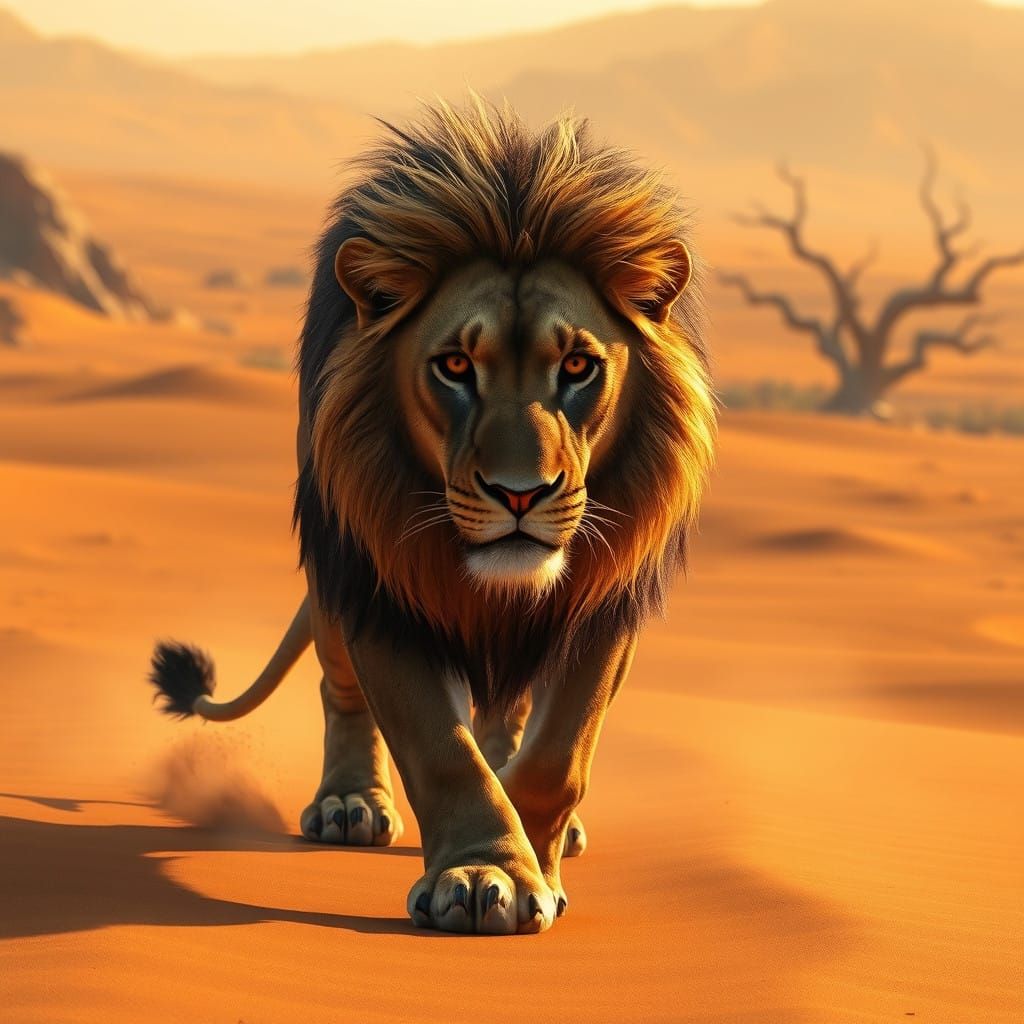 Lion Roams Desert Dunes under Golden Light