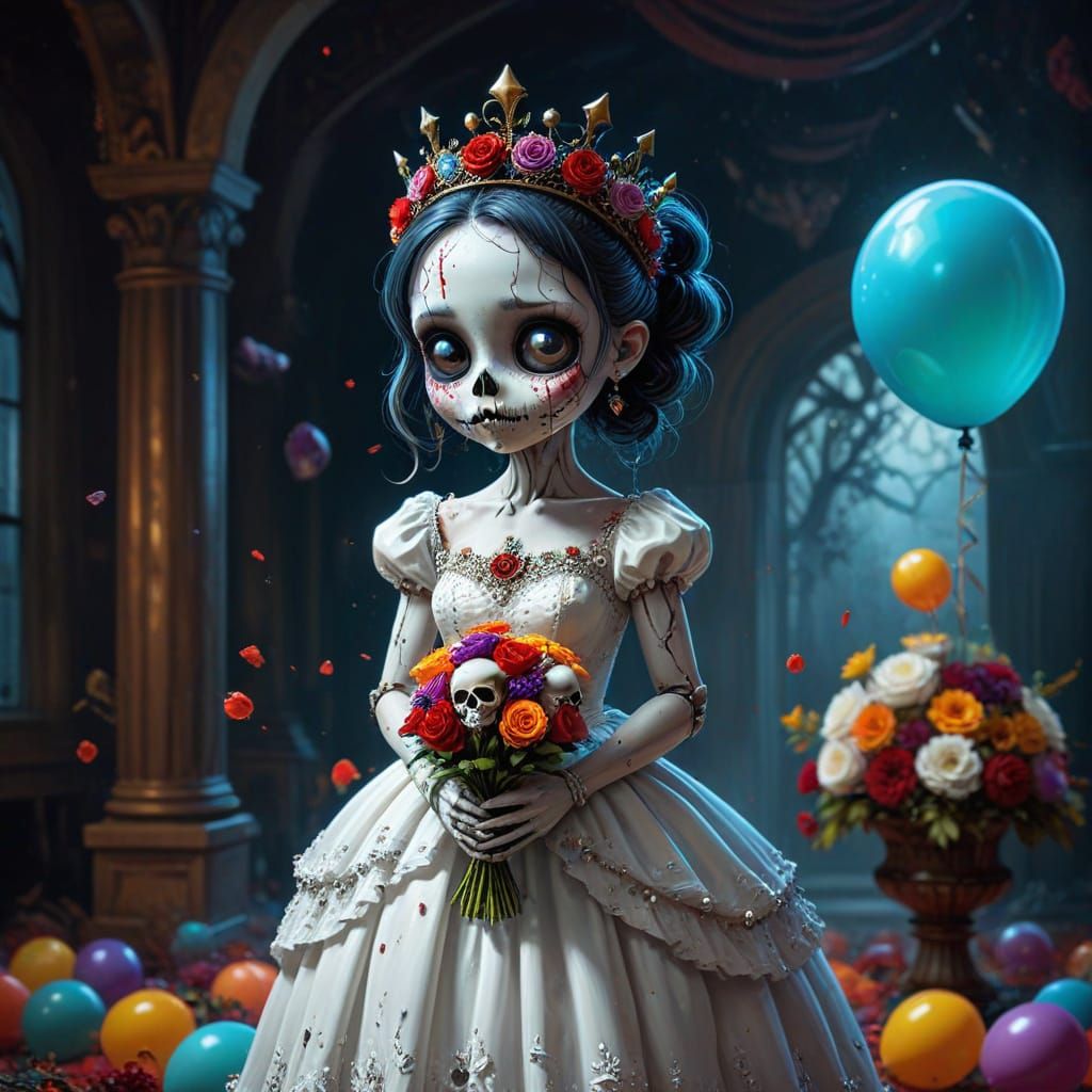 Chibi Zombie Prom Queen in Vibrant Digital Art