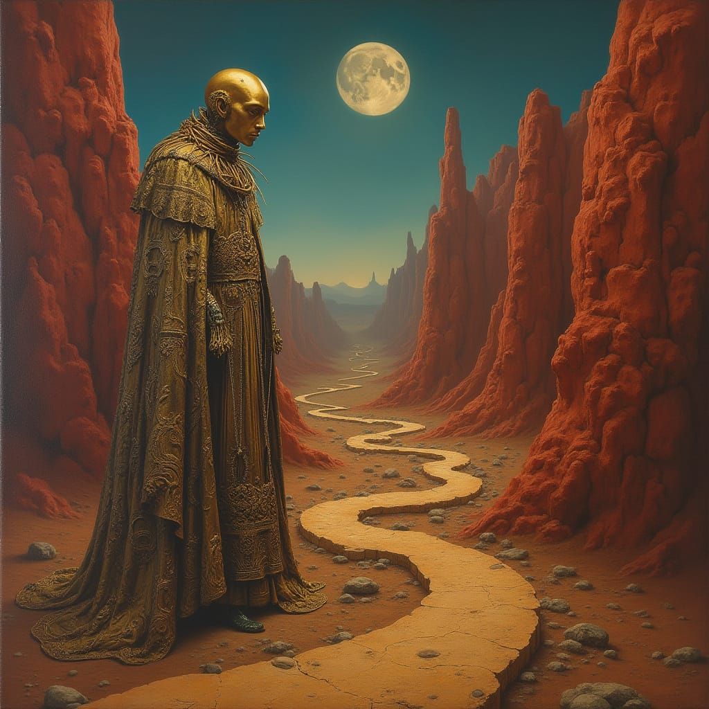 Golden Figure in Surreal Landscape, Dreamlike Oil Painting