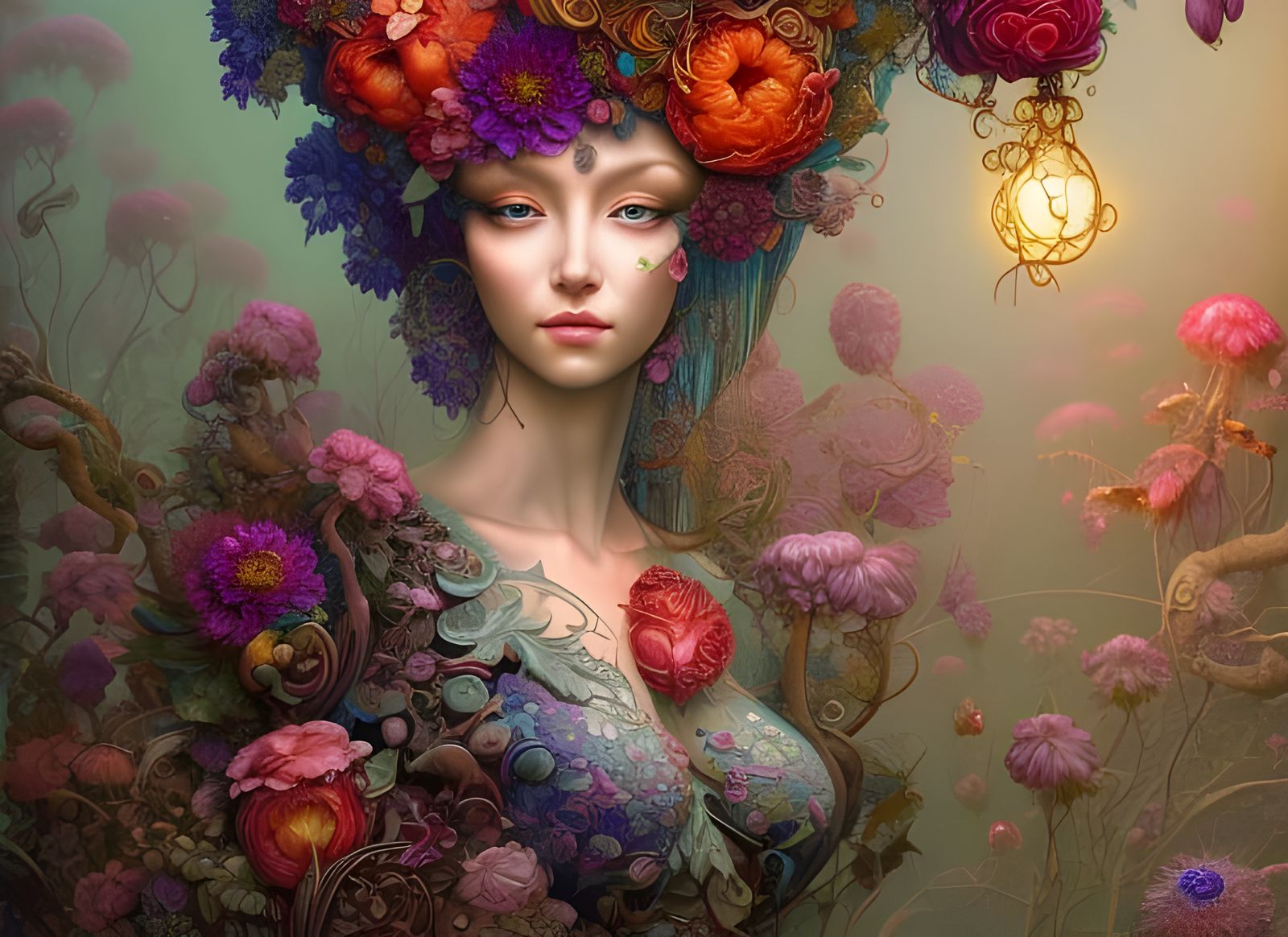 Exotic Beauty: Woman Surrounded by Flowers and Fruit