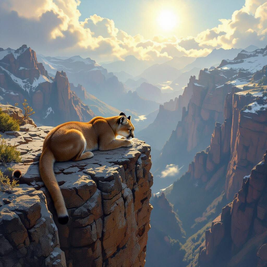 detailed fantasy illustration, from above, a mountain lion ,...