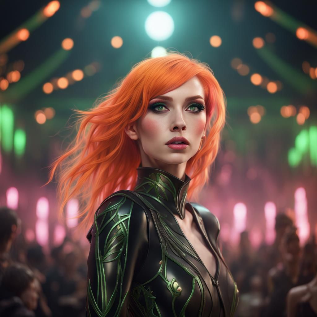 Orange-Haired Woman Performing On Stage, Fantasy Art