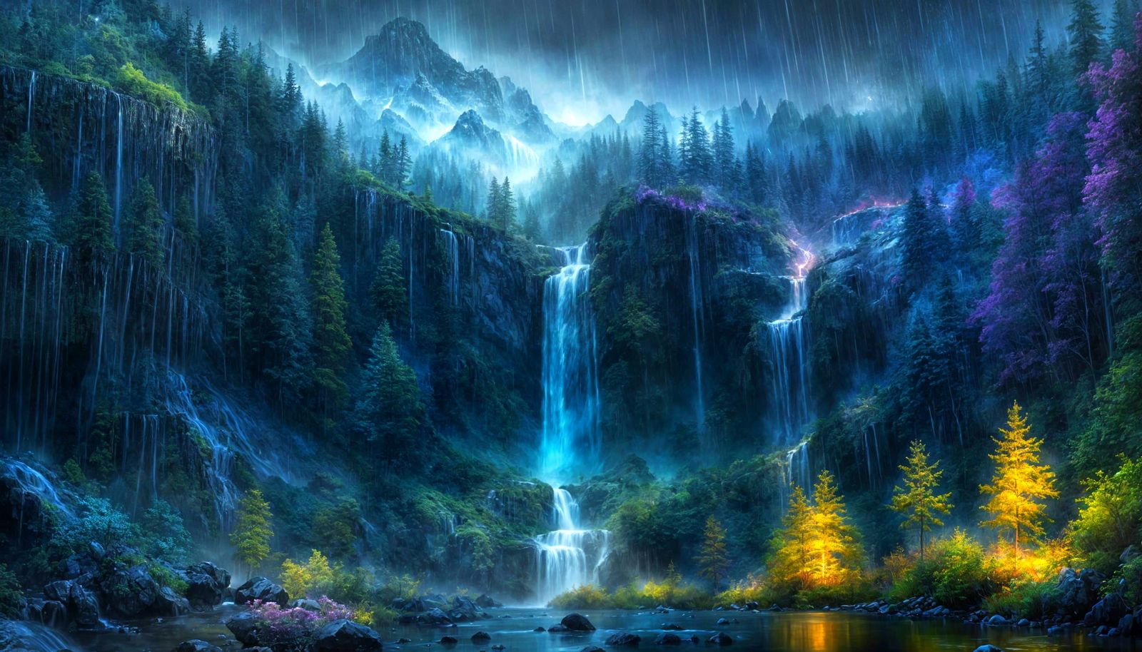 Magical Waterfall in Forest at Night as Impasto Painting