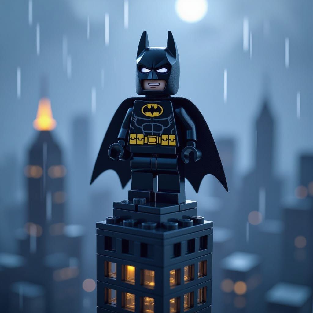 Hyperrealistic Lego Batman on Skyscraper