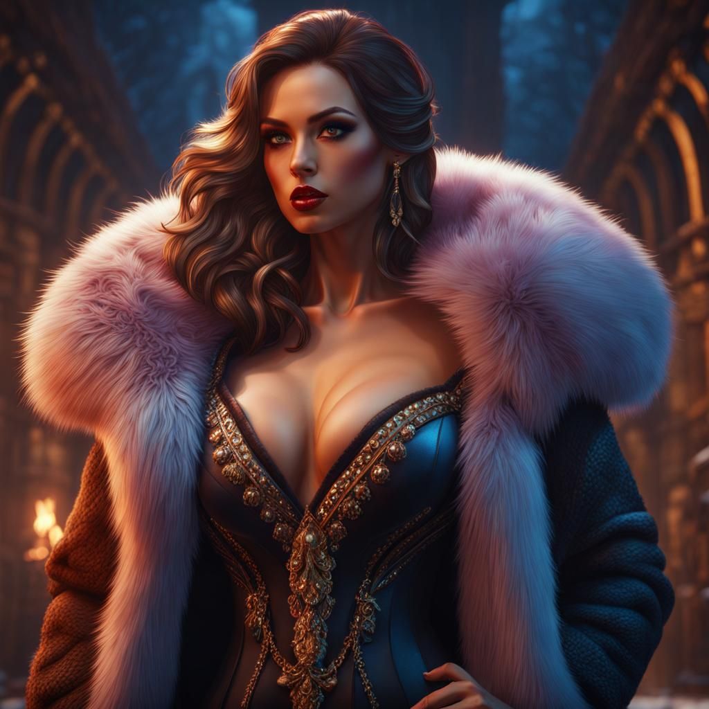 Attractive Woman in Fur Coat: Detailed Matte Painting