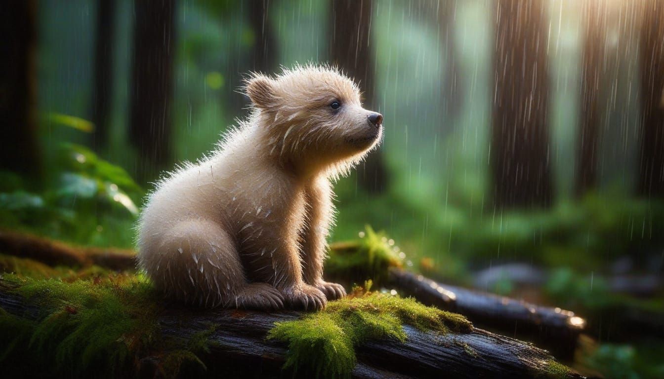 Cute Baby Grizzly Bear Cub in Rainforest
