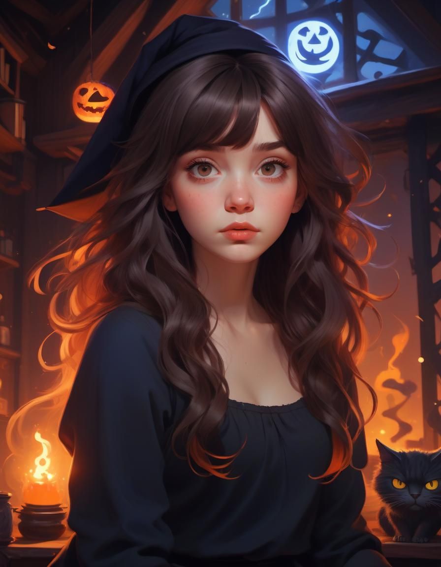 Angry Witch Brews Magic Potion, Anime Style