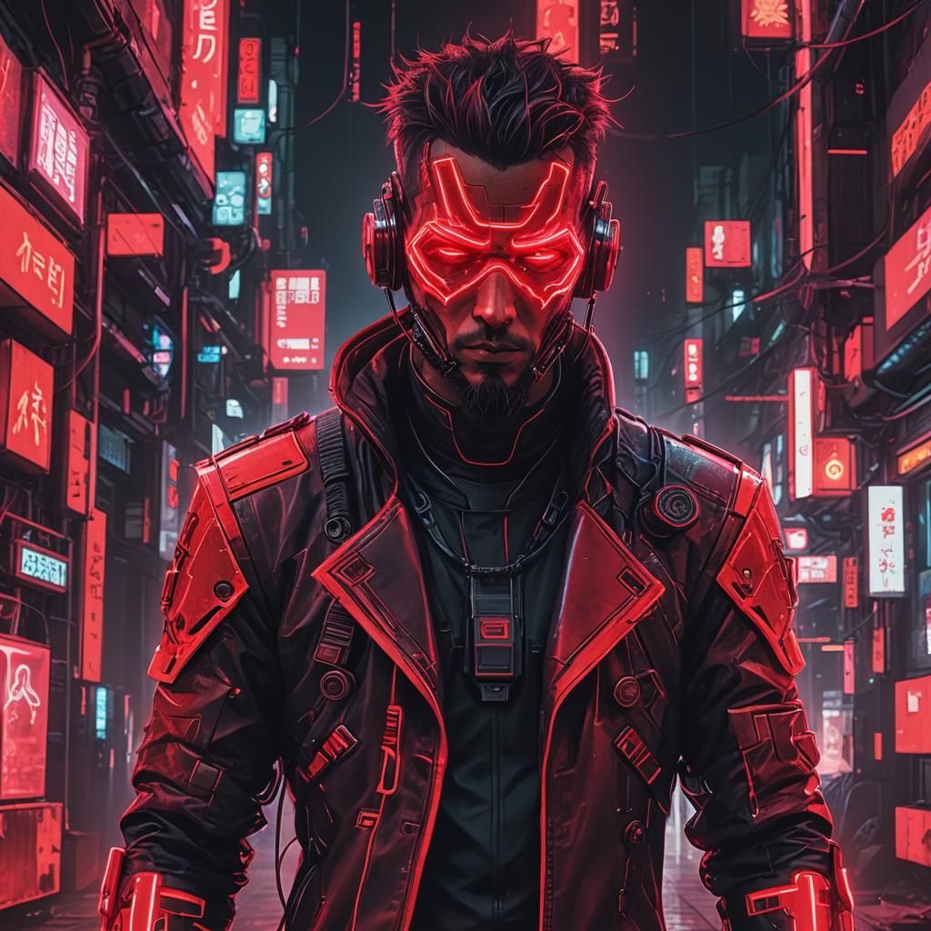 Neon Red Cyberpunk Man Portrait