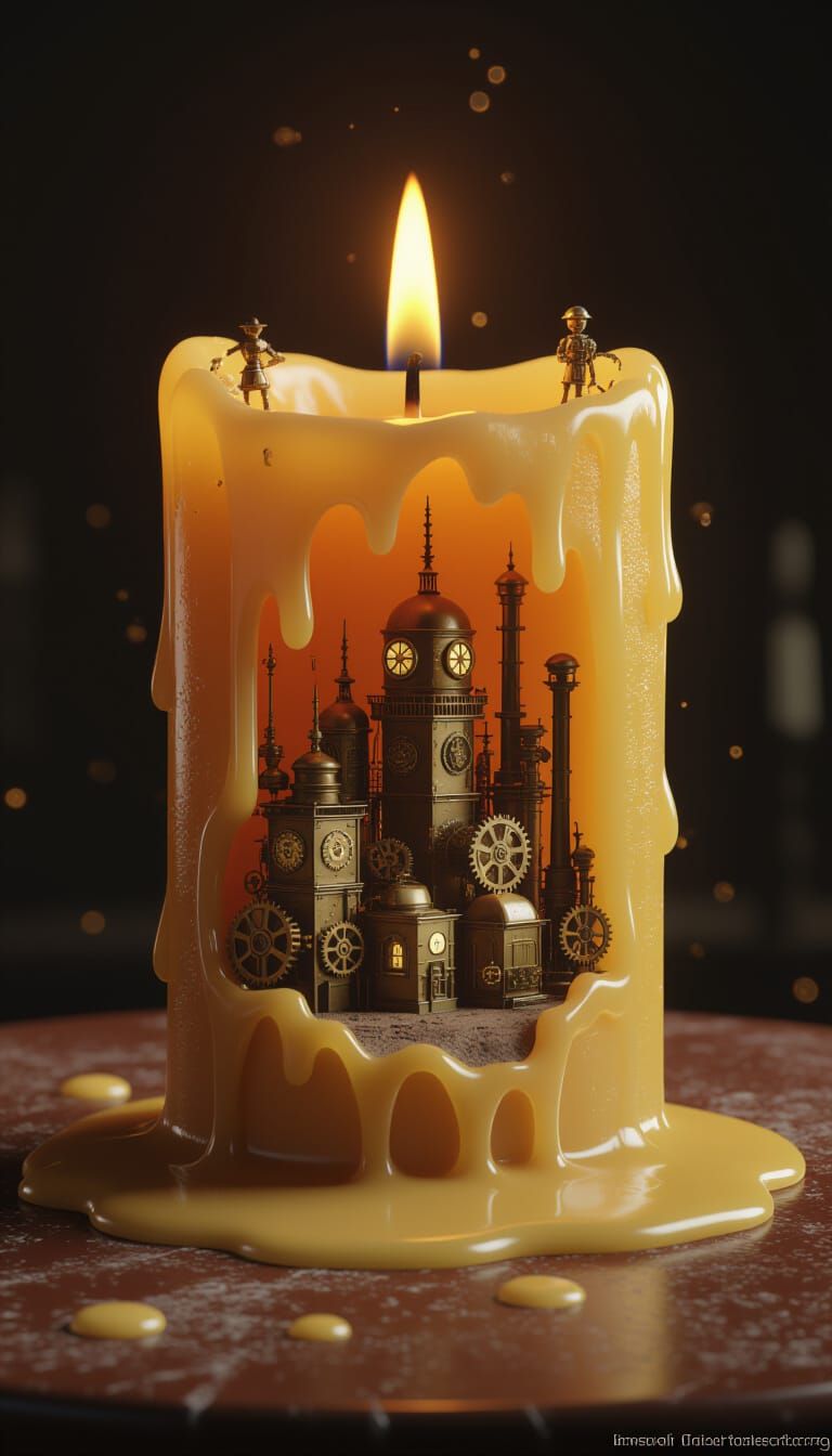 Steampunk City Inside Melting Candle, Matte Painting