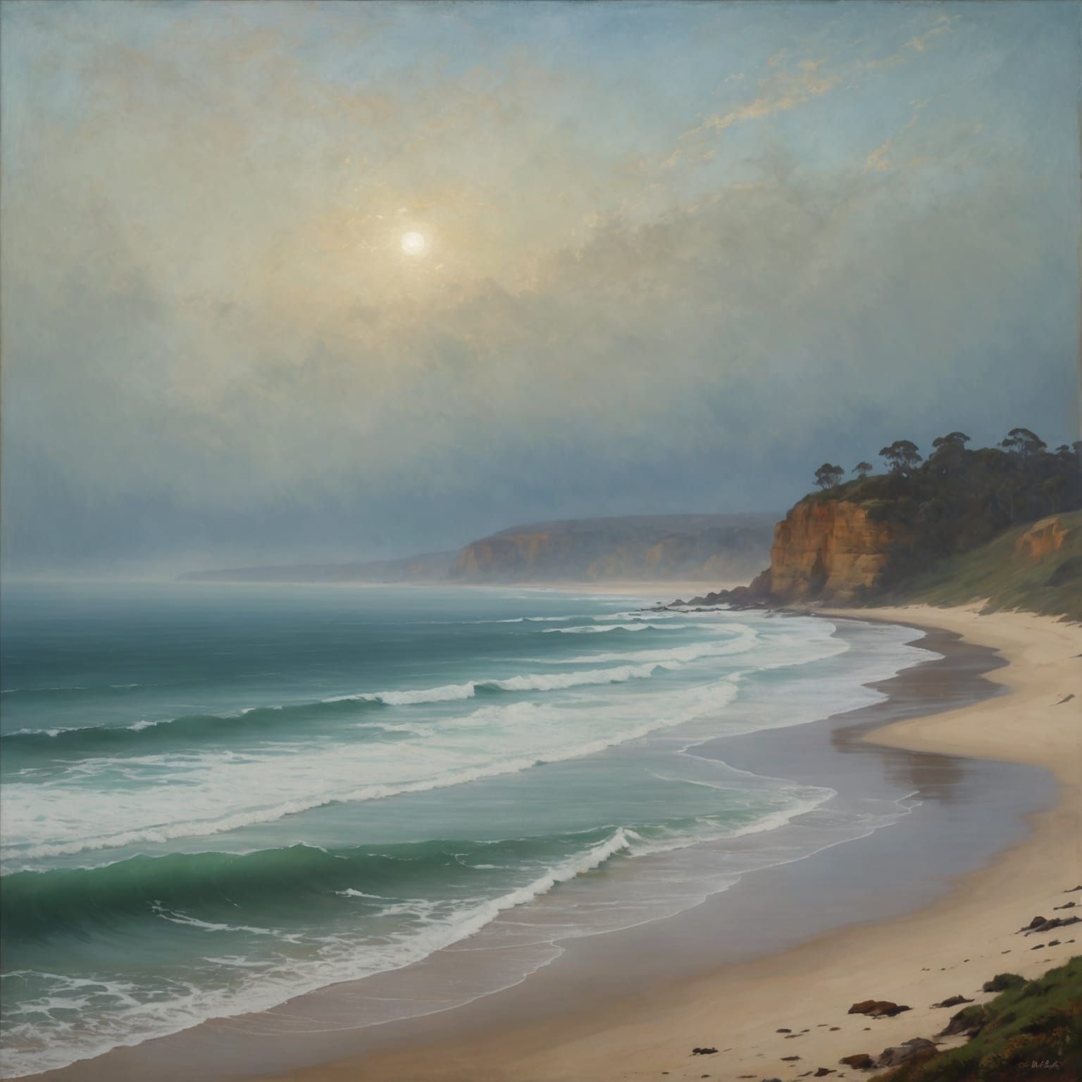 Foggy Morning at Australian Beach: Tonalist Painting